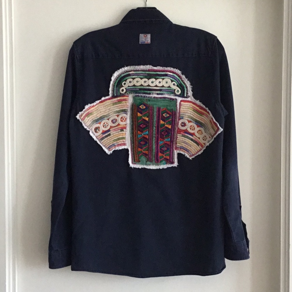 Work shirt with hand embroidery on back